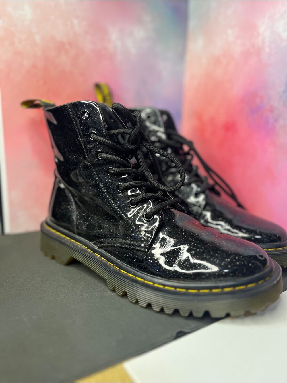 Dr. Martens Black Patent Lace-Up Combat Boots with Yellow Welt Stitching